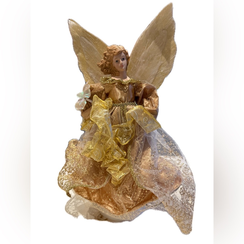 Vintage Victorian Fibre Optic Gold Angel Christmas Tree Topper 16”